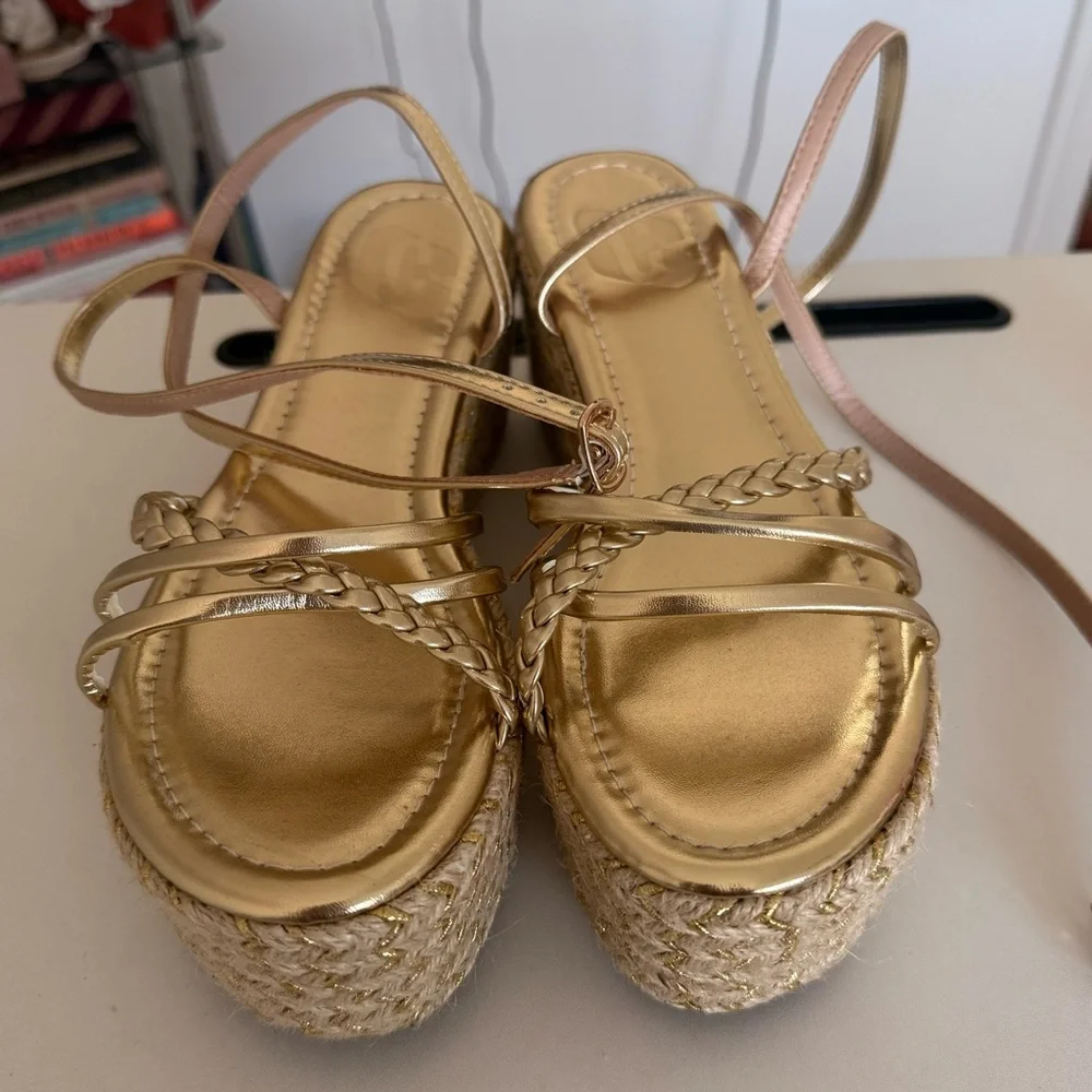 BRAND NEW gold strap wedge sandals size 7